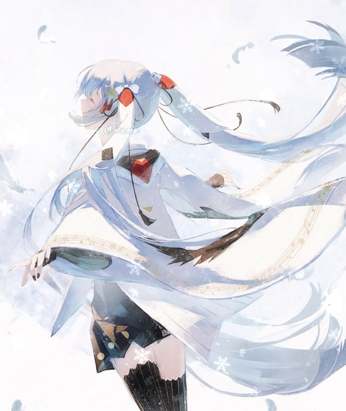 Anime picture 1139x1354 with vocaloid hatsune miku yuki miku yuki miku (2018) wnmuwnmu single tall image twintails signed silver hair eyes closed very long hair twitter username spread arms girl thighhighs black thighhighs snowflake (snowflakes)