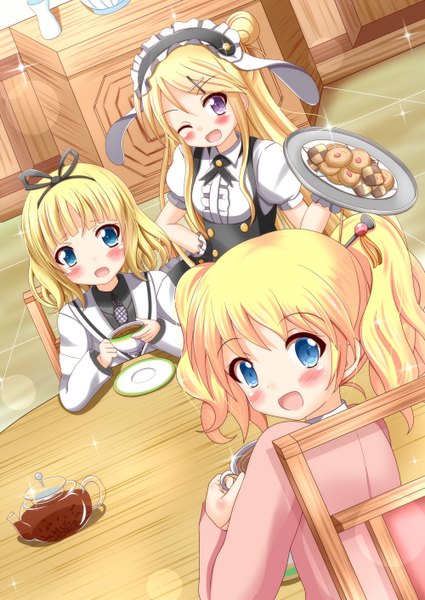 Anime picture 1000x1412 with gochuumon wa usagi desu ka? kin-iro mosaic white fox kirima sharo kujou karen alice carteret xenon (artist) long hair tall image looking at viewer blush short hair open mouth blue eyes blonde hair smile sitting purple eyes twintails multiple girls