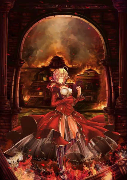 Anime picture 739x1043 with fate (series) fate/extra type-moon nero claudius (fate) (all) nero claudius (fate) jianren single tall image short hair open mouth blonde hair ahoge eyes closed girl dress boots fire harp