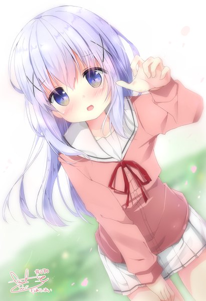 Anime picture 824x1203 with gochuumon wa usagi desu ka? white fox kafuu chino kouda suzu single long hair tall image looking at viewer blush fringe open mouth hair between eyes purple eyes signed purple hair :d from above embarrassed alternate costume girl