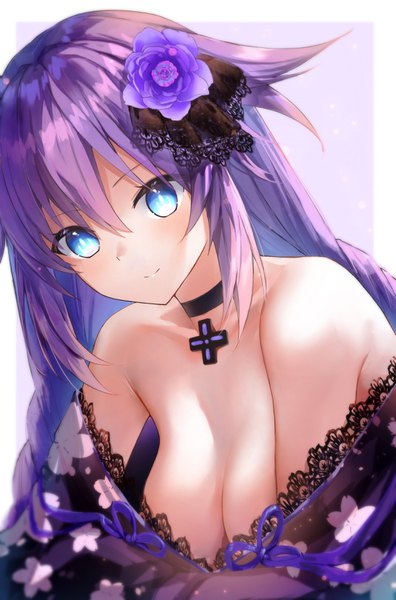 Anime picture 2246x3405 with choujigen game neptune purple heart lims (neko2lims) single long hair tall image looking at viewer blush fringe highres breasts blue eyes light erotic hair between eyes large breasts bare shoulders payot purple hair upper body hair flower