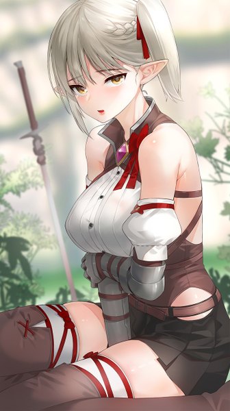 Anime picture 690x1230 with original kfr single tall image looking at viewer blush fringe short hair breasts open mouth light erotic hair between eyes large breasts sitting bare shoulders yellow eyes payot silver hair braid (braids) pointy ears