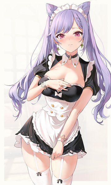 Anime picture 700x1165 with genshin impact keqing (genshin impact) emyo single long hair tall image looking at viewer blush fringe breasts light erotic simple background large breasts standing twintails payot cleavage purple hair braid (braids) pink eyes