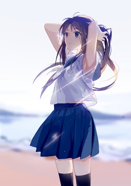 Anime picture 2480x3507 with original zhibuji loom single long hair tall image highres black hair standing purple eyes payot looking away parted lips pleated skirt wind blurry armpit (armpits) zettai ryouiki beach adjusting hair arms behind head