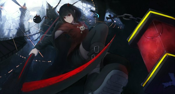 Anime picture 2537x1367 with original shimmer single long hair looking at viewer fringe highres short hair breasts black hair red eyes wide image holding bent knee (knees) blunt bangs horn (horns) pointy ears open jacket from below short sleeves