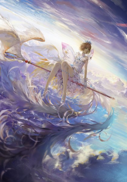 Anime picture 1200x1719 with card captor sakura clamp kinomoto sakura vnug7855 single tall image short hair brown hair sitting green eyes looking away sky cloud (clouds) full body realistic flying white wings girl dress wings