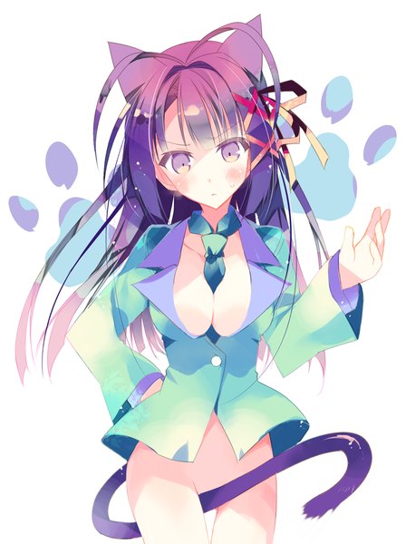Anime picture 778x1040 with tsuki ni yorisou otome no sahou ookura risona ayuka single long hair tall image looking at viewer breasts light erotic simple background large breasts white background purple eyes animal ears cleavage purple hair ahoge tail animal tail cat ears