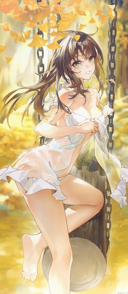 Anime picture 2959x6740 with original swkl:d single long hair tall image looking at viewer fringe highres breasts light erotic smile brown hair large breasts green eyes cleavage outdoors multicolored hair barefoot blurry depth of field
