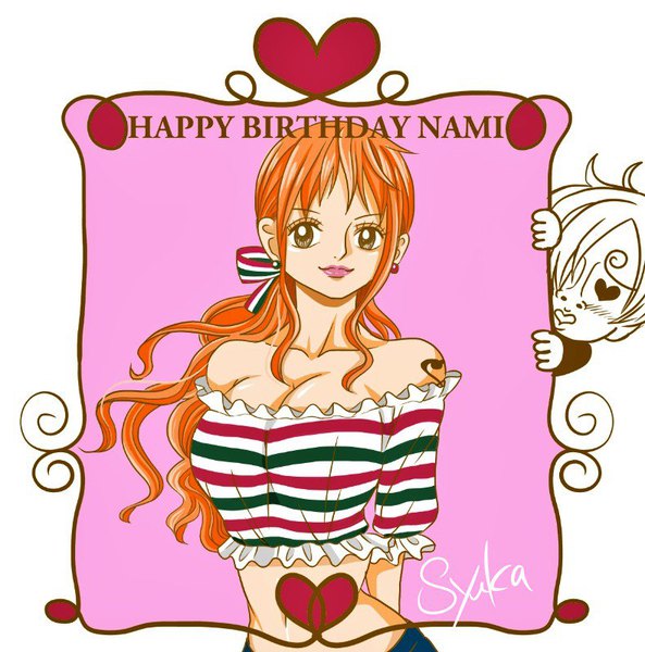 Anime picture 790x800 with one piece toei animation nami (one piece) sanji one syuka long hair tall image fringe short hair breasts simple background smile hair between eyes white background bare shoulders brown eyes signed payot looking away cleavage