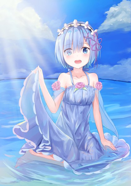 Anime picture 1722x2435 with re:zero kara hajimeru isekai seikatsu white fox rem (re:zero) miki yuu single tall image looking at viewer fringe highres short hair open mouth blue eyes sitting bare shoulders blue hair sky cloud (clouds) full body :d barefoot