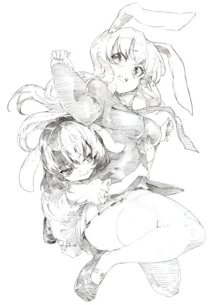Anime picture 2768x3967 with touhou reisen udongein inaba inaba tewi oshake long hair tall image highres short hair breasts simple background white background multiple girls animal ears bunny ears hug monochrome :3 clenched teeth weightlessness sketch