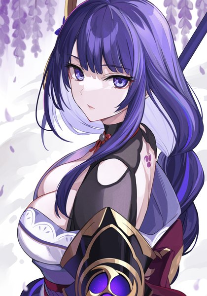 Anime picture 3500x5000 with genshin impact raiden shogun takehana note single long hair tall image looking at viewer fringe highres breasts light erotic large breasts purple eyes absurdres cleavage purple hair upper body blunt bangs braid (braids) traditional clothes