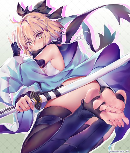 Anime picture 1000x1169 with fate (series) okita souji (fate) (all) okita souji (koha-ace) obiwan single tall image looking at viewer blush fringe short hair light erotic blonde hair simple background hair between eyes bare shoulders signed yellow eyes ahoge ass traditional clothes