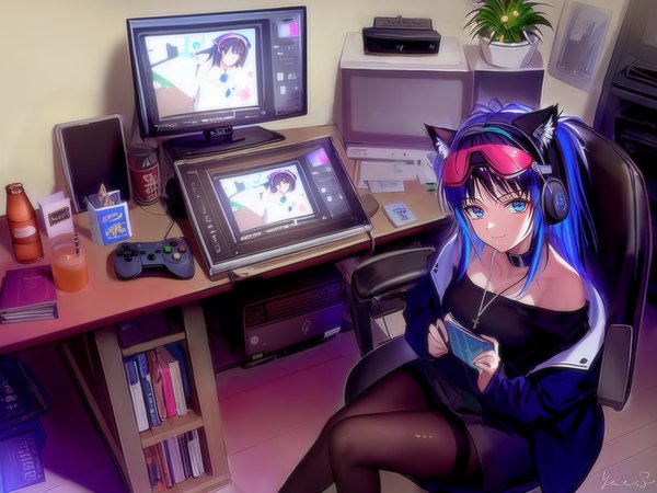 Anime picture 1280x960 with original yae sakuya single long hair looking at viewer blush black hair sitting bare shoulders holding signed animal ears blue hair indoors multicolored hair from above off shoulder open jacket two-tone hair glasses on head