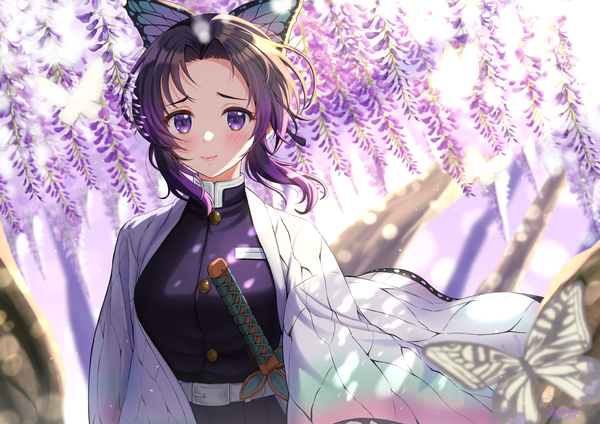 Anime picture 1842x1302 with kimetsu no yaiba ufotable kochou shinobu veterme single looking at viewer blush fringe highres short hair black hair upper body outdoors traditional clothes japanese clothes wind sunlight gradient background gradient hair sheathed