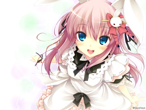 Anime picture 1500x1125 with original itaya saaya open mouth blue eyes simple background white background pink hair bunny ears girl hair ornament ribbon (ribbons) apron