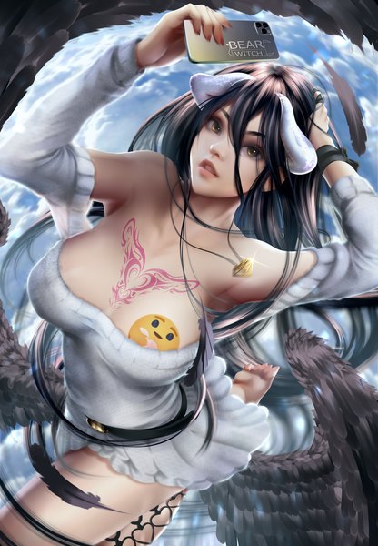 Anime picture 3000x4330 with overlord (maruyama) madhouse albedo (overlord) bearwitch single long hair tall image looking at viewer fringe highres breasts light erotic black hair hair between eyes large breasts holding brown eyes signed sky cloud (clouds)