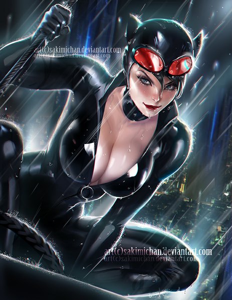 Anime picture 695x900 with batman dc comics cat woman sakimichan single tall image fringe breasts blue eyes light erotic black hair large breasts holding cleavage lips realistic night wet lipstick city