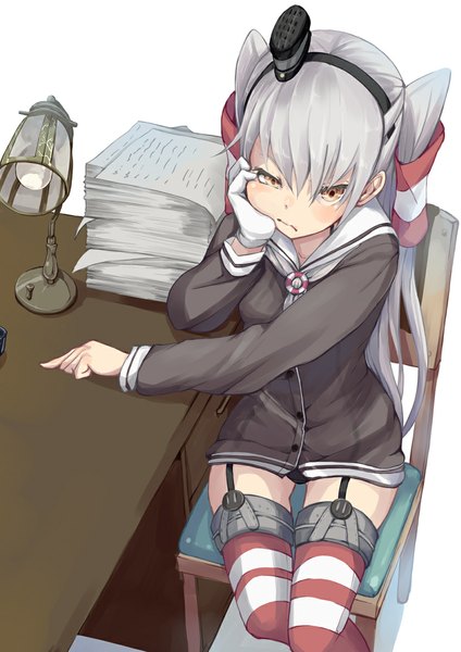 Anime picture 827x1169 with kantai collection amatsukaze destroyer fu-ta single long hair tall image blush fringe light erotic sitting looking away from above grey hair two side up chin rest frown girl thighhighs hat striped thighhighs