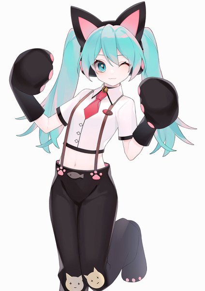 Anime picture 1060x1500 with vocaloid hatsune miku heridy single long hair tall image simple background white background twintails animal ears one eye closed aqua eyes wink aqua hair midriff fake animal ears :3 nyan ko (module) girl gloves