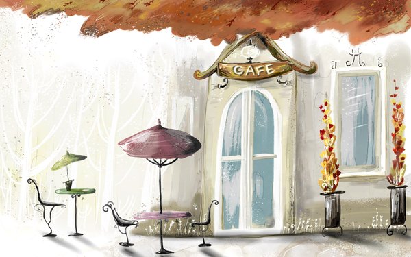 Anime picture 1920x1200 with original tagme (artist) highres wide image autumn plant (plants) door parasol cafe