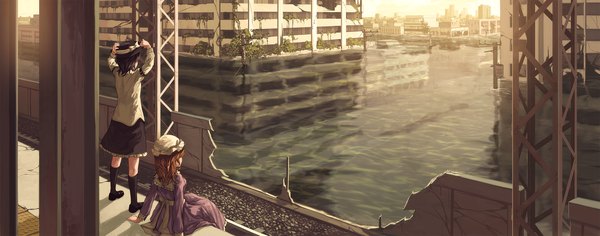 Anime picture 2455x968 with touhou usami renko maribel hearn berabou long hair highres short hair blonde hair brown hair wide image standing sitting multiple girls long sleeves from behind arms up city evening reflection sunset