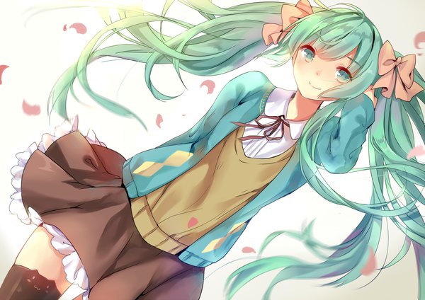 Anime picture 2000x1414 with vocaloid hatsune miku kita (kitairoha) single long hair looking at viewer blush highres simple background smile white background twintails aqua eyes aqua hair adjusting hair girl thighhighs skirt uniform ribbon (ribbons)