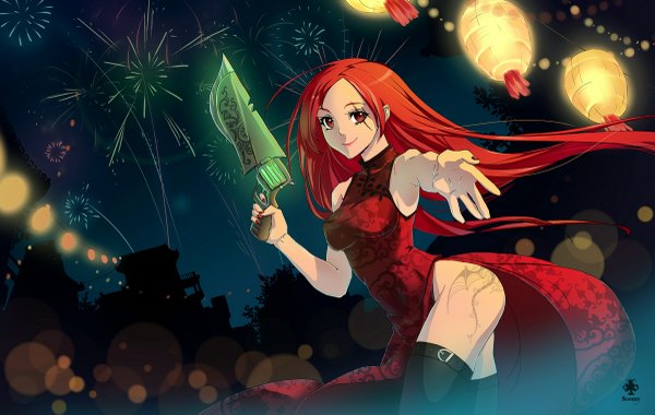 Anime picture 1200x761 with league of legends katarina (league of legends) yuka-soemy single long hair looking at viewer smile red eyes red hair tattoo scar fireworks girl thighhighs dress weapon black thighhighs red dress lantern