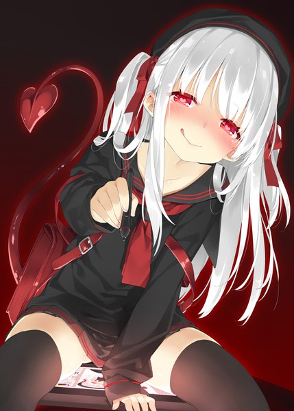 Anime picture 772x1080 with original shimotsuki potofu kani biimu single long hair tall image looking at viewer blush fringe light erotic simple background red eyes sitting holding white hair tail blunt bangs pleated skirt arm support two side up