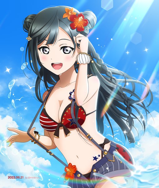 Anime picture 2550x3000 with love live! nijigasaki high school idol club sunrise (studio) love live! yuuki setsuna (love live!) soul evan single long hair tall image looking at viewer blush fringe highres breasts open mouth light erotic black hair smile standing sky cloud (clouds)