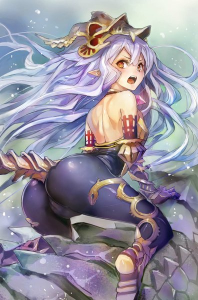 Anime picture 1122x1700 with shingeki no bahamut granblue fantasy medusa (shingeki no bahamut) taishi (picchiridou) long hair tall image blush light erotic red eyes bare shoulders purple hair ass tail looking back horn (horns) pointy ears fantasy riding girl gloves