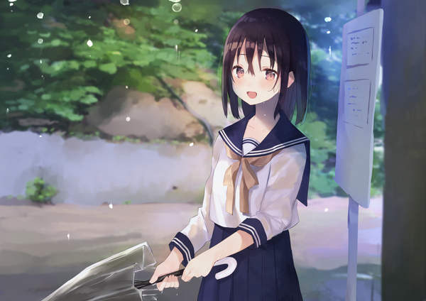 Anime picture 1457x1032 with original yushima single looking at viewer blush fringe short hair open mouth hair between eyes brown hair standing holding brown eyes outdoors :d pleated skirt depth of field wet clothes transparent umbrella girl