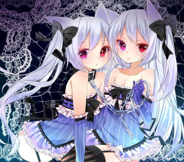 Anime picture 1000x880 with original chico152 long hair red eyes twintails bare shoulders multiple girls white hair girl thighhighs dress gloves ribbon (ribbons) bow 2 girls hair bow elbow gloves frills chain collar