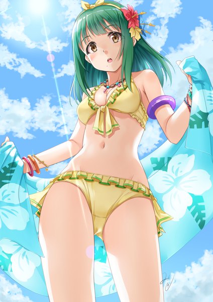 Anime picture 827x1169 with idolmaster otonashi kotori miri (ago550421) single long hair tall image looking at viewer blush breasts open mouth light erotic brown eyes signed sky cloud (clouds) hair flower green hair mole from below mole under mouth