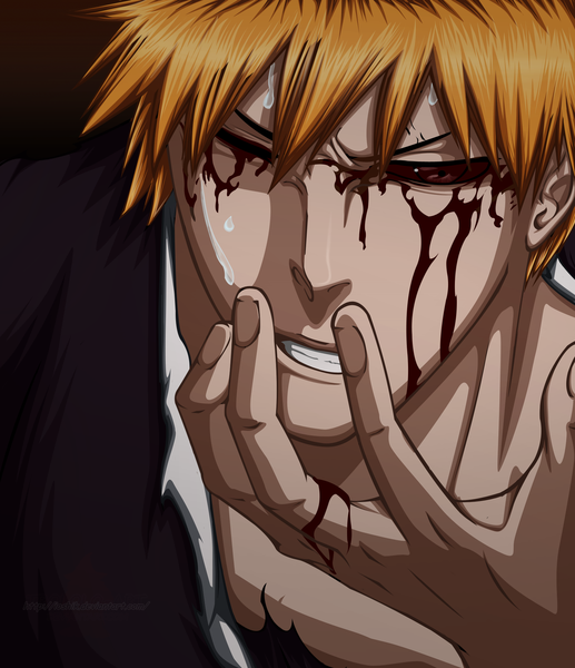 Anime picture 1723x2000 with bleach studio pierrot kurosaki ichigo llllinkonlll single tall image highres short hair red eyes brown eyes signed eyes closed japanese clothes orange hair sweat coloring black background close-up face boy