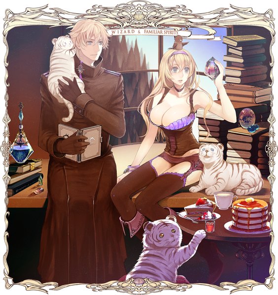 Anime picture 1000x1064 with original pixiv fantasia pixiv fantasia wizard and knight nicole pmonachi long hair tall image short hair breasts blue eyes light erotic blonde hair large breasts sitting bare shoulders cleavage framed animal on shoulder animal on head bird on head girl