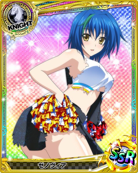 Anime picture 640x800 with highschool dxd xenovia quarta single tall image looking at viewer blush short hair breasts open mouth light erotic yellow eyes blue hair multicolored hair two-tone hair streaked hair torn clothes card (medium) cheerleader girl skirt