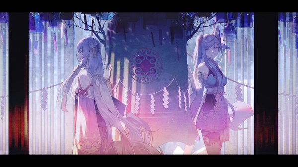 Anime picture 2560x1440 with vocaloid synthesizer v xingchen cangqiong kieed long hair looking at viewer highres blue eyes wide image standing twintails purple eyes multiple girls payot blue hair looking away very long hair traditional clothes parted lips