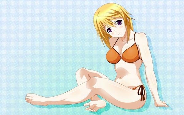 Anime picture 3200x2000 with infinite stratos 8bit charles dunois highres short hair light erotic blonde hair wide image purple eyes absurdres barefoot girl navel swimsuit bikini