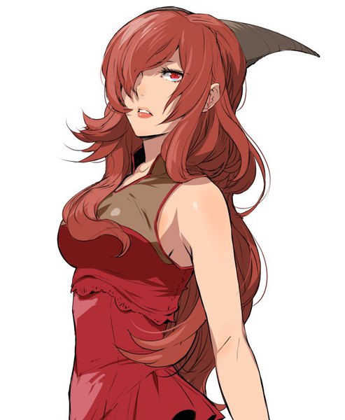 Anime picture 674x821 with isekai shokudou silver link aka no joou enami katsumi single long hair tall image looking at viewer fringe breasts simple background red eyes large breasts standing white background bare shoulders red hair parted lips horn (horns) hair over one eye
