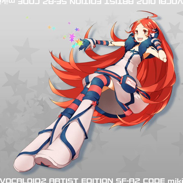Anime picture 900x900 with vocaloid miki (vocaloid) siting zeng single open mouth simple background red eyes looking away ahoge red hair very long hair grey background character names outstretched arm singing hand on headphones girl thighhighs dress gloves