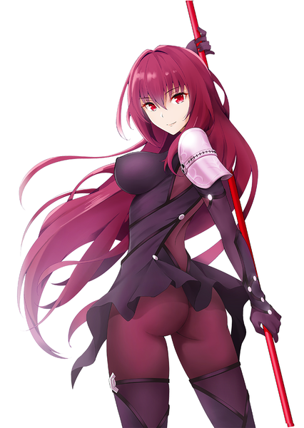 イラスト 800x1126 と Fateシリーズ fate/grand order scathach (fate) (all) スカサハ(fate) 佐野ジンヤ ソロ 長髪 長身像 カメラ目線 前髪 おっぱい light erotic simple background hair between eyes 赤い目 大きな乳房 白背景 holding purple hair 尻