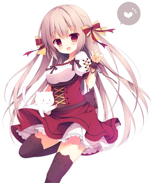 Anime picture 800x959 with original izumiyuhina single long hair tall image looking at viewer blush open mouth simple background smile red eyes white background pink hair bent knee (knees) underbust girl thighhighs dress bow black thighhighs