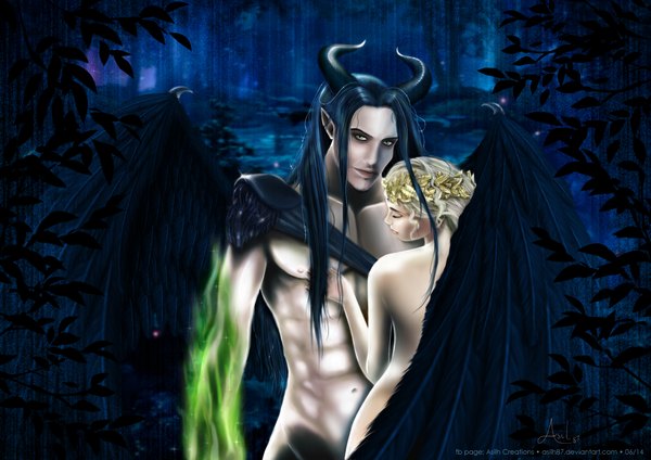 Anime picture 4093x2894 with sleeping beauty aurora (sleeping beauty) maleficent asilh87 (artist) long hair looking at viewer highres light erotic blonde hair standing green eyes signed blue hair absurdres eyes closed horn (horns) nude pointy ears night couple