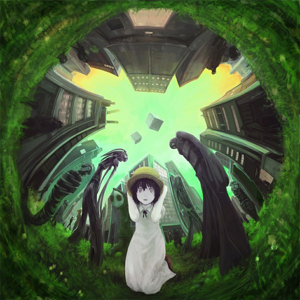 Anime picture 1024x1024 with original kamemushi (hoozuki) looking at viewer short hair black hair sitting purple eyes sky profile kneeling city group cityscape arms behind head white skin abstract fisheye girl dress bow