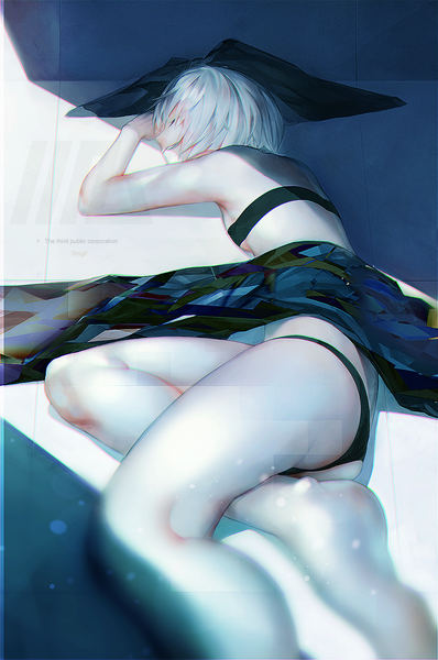 Anime picture 996x1500 with original tmt (pixiv) single tall image fringe short hair breasts light erotic smile ass white hair lying eyes closed barefoot bare legs legs on side girl underwear panties