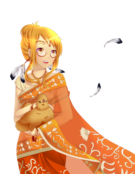 Anime-Bild 1024x1325 mit original vali (valiryn) long hair tall image open mouth blonde hair smile yellow eyes traditional clothes transparent background bird on hand girl animal glasses bird (birds) pendant jewelry feather (feathers) arabian clothes