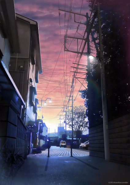 Anime picture 1754x2480 with original tanaka ryosuke tall image highres sky cloud (clouds) shadow evening no people alley plant (plants) tree (trees) building (buildings) ground vehicle car house