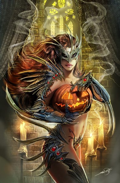 Anime picture 1000x1518 with witchblade nebezial single long hair tall image brown hair brown eyes lips realistic smoke girl navel window armor curtains mask vegetables candle (candles) pumpkin