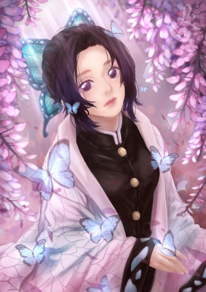 Anime picture 1358x1920 with kimetsu no yaiba ufotable kochou shinobu sleeping rabbit single tall image looking at viewer short hair black hair standing purple eyes payot outdoors traditional clothes japanese clothes from above lips sunlight realistic wide sleeves